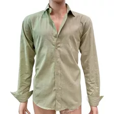 Camisa Lino Hombre Manga Larga Cuello Americano