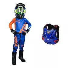 Conjunto Motocross Infantil Azul Laranja + Colete Amx 