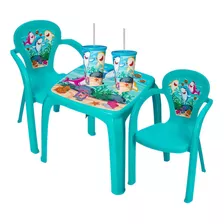 Kit Infantil Mesa Com Duas Cadeiras Dois Copos 550ml Canudo Cor Azul Oceano