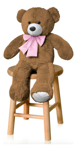 Urso De Pelúcia Teddy Bear Grande Com Laço 50cm Antialérgico Cor Mel Com Rosa