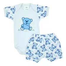Conjunto Bebê Body Manga Curta E Short Urso Azul