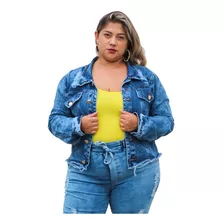 Jaqueta Jeans Feminino Plus Size Destroyed Detalhe Rasgado