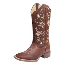 Bota Feminina Texana Em Couro Cano Alto Bordada Hopper