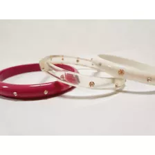 Bracelete Pulseira Acrilico Strass Kit 3pç Rosa Branco