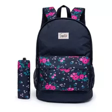 Mochila Bolsa E Estojo Organizado Escolar Estampada Juvenil Cor Preto Desenho Do Tecido Florido Rosa