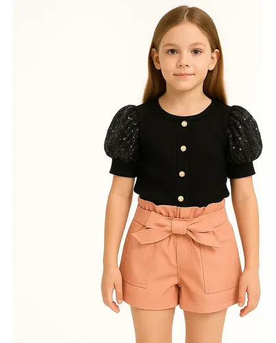 Blusa Preta Manga Paete Menina Diva Moda Luxo