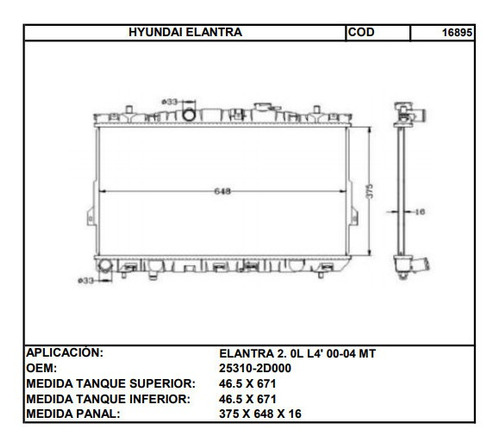 Radiador Hyundai Elantra 01/05 Mecanico Laminilla 16mm Foto 2