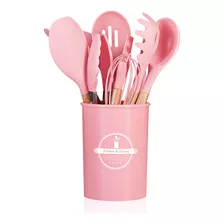 Jogo Utensílios De Cozinha 12 Peças Silicone Colher Concha Cor Rosa