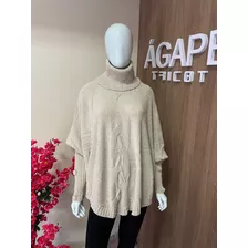 Blusa Poncho Tricot Mousse Trança E Gola Alta