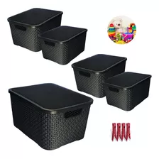 Kit 5 Caixas Cestos Organizador Preto Grande 7l, 15l, 20l