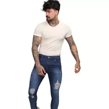 Calça Masculina Skinny Jeans Azul Escuro Destroyed