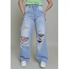 Calça Jeans Wide Leg Dialogo Destroyed Com Bolsos Feminina