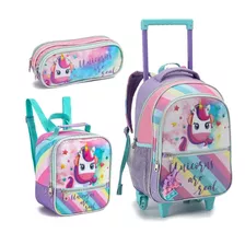 Kit Bolsa Mochila Escolar Infantil Unicornio Rodinha Pop It