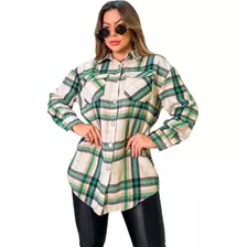 Camisa Xadrez Manga Longa Feminina Com Bolsos Flanelada Moda