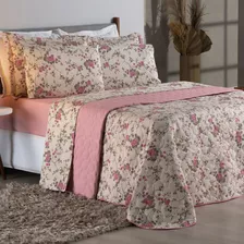 Cobre Leito Queen 03 Peças Colcha Borboletas 200 Fios Cor Floral Rosê Estampado