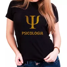 Camiseta Baby Look Preta Psicologia Psicóloga Dourada