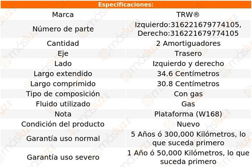 (2) Amortiguadores Gas Traseros Mercedes-benz A190 01/04 Trw Foto 2