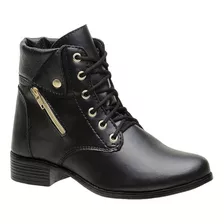 Bota Coturno Feminino Cano Curto Cadarço Zipper Preta