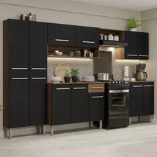 Armário De Cozinha Completa Modulada Compacta Madesa Emilly Balcão Rp Cor Rustic/preto Xagrem2930017k