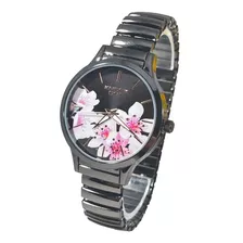 Reloj Knock Out Mujer Dama Extensible Negro Flores 2494-430