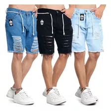 Kit 3 Bermudas Jeans Masculina Rasgada Qualidade Premium