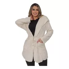 Casaco Teddy Feminino Longo Inverno Pelúcia Forrado C/ Capuz