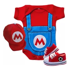 Kit Body Bebê Mesversário Fantasia Super Mario +tenis/ Boina