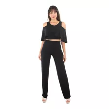 Conjunto Feminino Calça E Cropped Com Babado Moda 2019