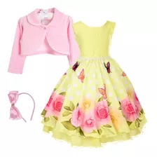 Vestido Infantil Floral Amarelo Moda Evangélica Bolero Tiara