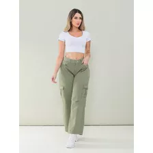 Calça Feminina Wide Leg Cargo Tradicional Fashion Casual