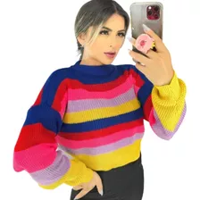 Blusa Colorida Trico Modelo Balão Tendência Moda Promoção 