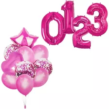 Kit Buque 10 Pç Pink Rosa Balão Metalizado+ 2 Numeros 18 Pol