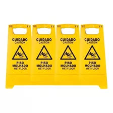 Placa Atenção Cavalete Amarelo Cuidado Piso Molhado Kit 4un