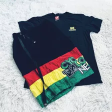 Kit Bermuda Veludo Da Cyclone Preta Reggae + Camiseta Setas