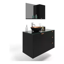 Conjunto Gabinete Banheiro 90cm Com Tampo Vidro Industrial Cor Do Móvel Preto Com Vidro