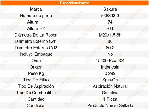 Filtro Aceite Mitsubishi Lancer L4 2l 08_16 Sakura 8638474 Foto 2