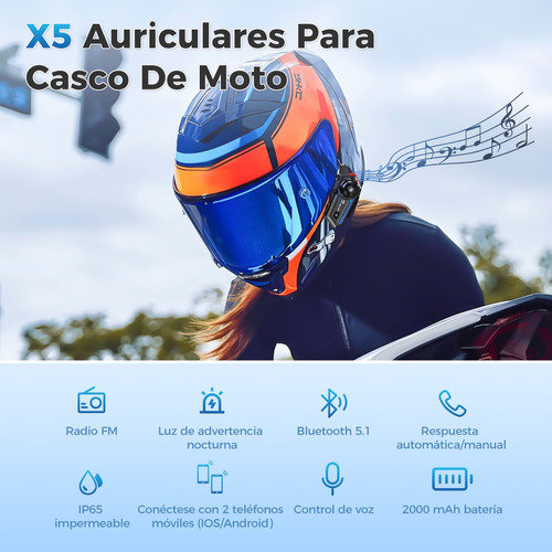Audfonos Para Casco De Motos X5 Bluetooth Fm Impermeables Foto 5