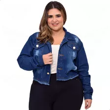 Jaqueta Jeans Plus Size Cropped Feminina Barra Desfiada