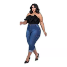 Calça Feminina Plus Size Jeans Cargo Com Bolso Lateral 48a56