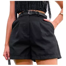 Short Feminino Linho Cintura Alta Alfaiataria Pmg Com Cinto