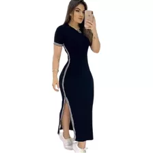 Vestido Fenda Lateral Malha Canelado Faixa Feminino Moda Top