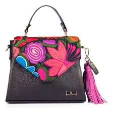 Bolso De Piel Tipo Satchel Con Telar Artesanal Hecho A Mano Color Negro Diseño De La Tela Ely Telar Flores