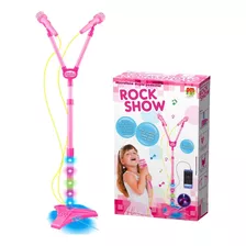 Microfone Duplo Com Pedestal Infantil Rosa Mp3 Com Luz