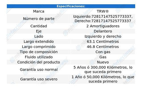 Par De Amortiguadores Gas Delanteros C320 De 2001 A 2005 Trw Foto 2