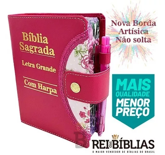 Bíblia Sagrada Letra Grande - Botão Pink C/ Harpa 12x16cm