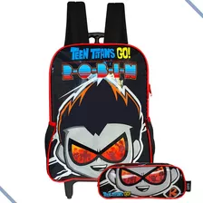 Kit Mochila Escolar De Rodinhas Com Estojo Robin Teen Titans