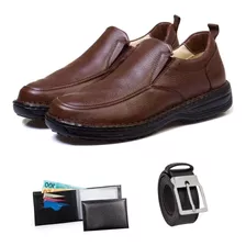 Sapato Masculino Casual Couro Anti Stress Kit Carteira Cinto