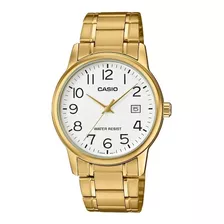 Reloj Pulsera Casio Enticer Mtp-v002 De Cuerpo Color Dorado, Analógico, Para Hombre, Fondo Blanco, Con Correa De Acero Inoxidable Color Dorado, Agujas Color Dorado, Dial Gris Oscuro, Minutero/segunder