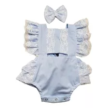 Romper Infantil Frozen Azul Bebê Com Rendinha Jardineira 