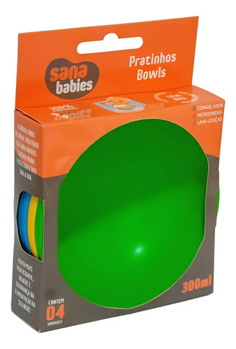 Kit Com 4 Pratos Bowls Tigelas 300ml Menino Sana Babies Azul Sana Babies
